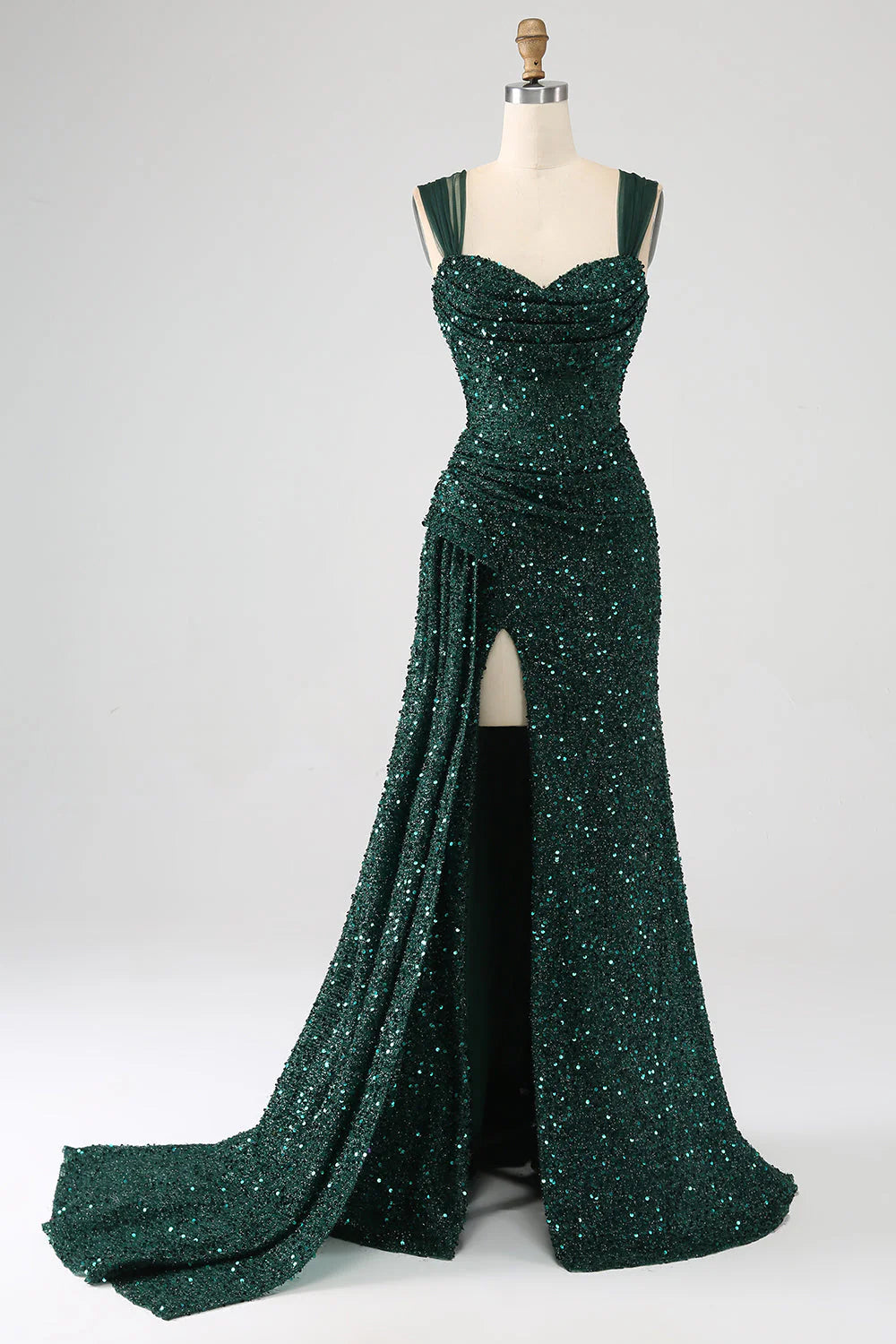 Vestido de fiesta largo plisado con lentejuelas brillantes y abertura en el muslo